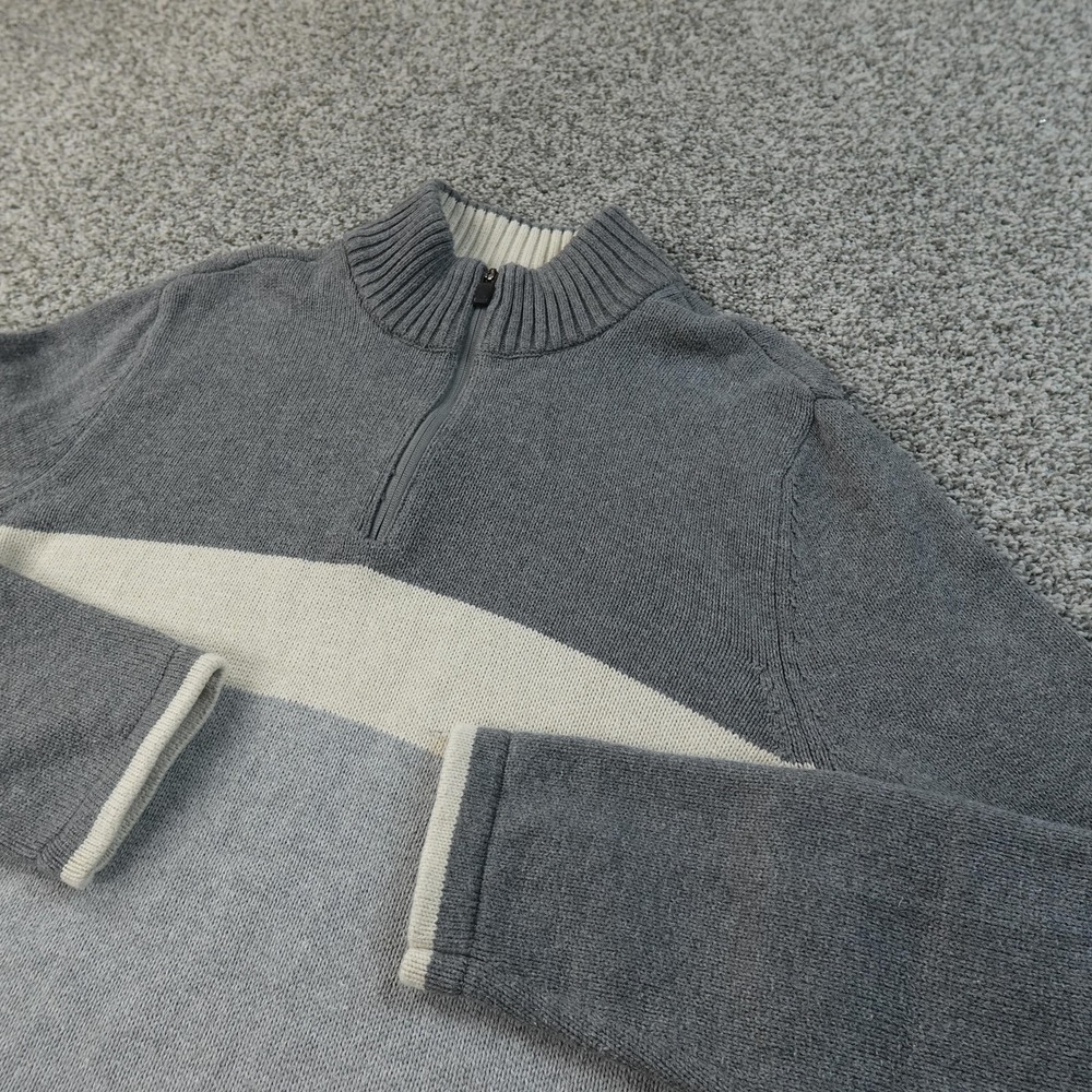 Eddie Bauer Sweater Mens L Gray‎ Stripe 1/4 Zip Mock Neck Knit Pullover Outdoor